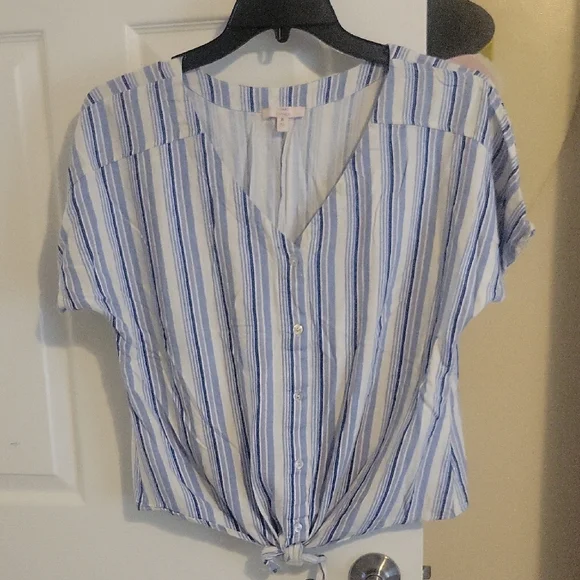 Como Vintage SzXL Rayon, Linen Blue White Striped Button-Down Shirt tie at waist - Picture 1 of 5